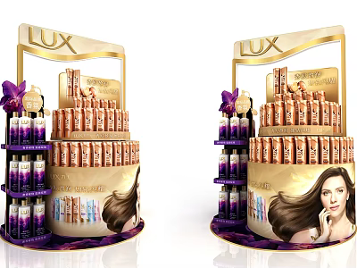Commercial Display Equipment for LUX Haircare Products with Gold Purple Design and Woman Advertising 3d model
