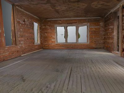 Dilapidated Wooden House Interior With Exposed Wooden Walls Wooden Floor Windows And Damaged Ceiling 3d model