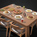 Assorted Food Dishes On Wooden Dining Table With Pizza Pasta Meat And Beverages