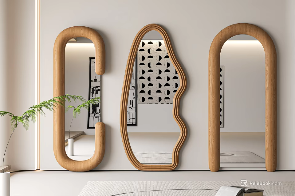 Modern Wall Mounted Mirrors With Wooden Frames Various Shapes And Green Plant 3d model 
