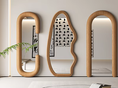Modern Wall Mounted Mirrors With Wooden Frames Various Shapes And Green Plant 3d model