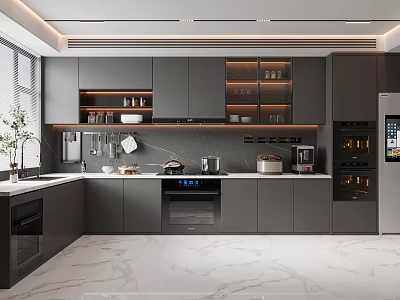 Modern Kitchen Interior With Gray Cabinets Marble Countertops And Appliances 3d model
