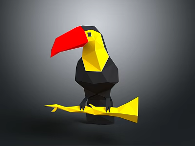 Low Poly Toucan Character With Black Yellow Body And Red Beak On Yellow Branch 3d model