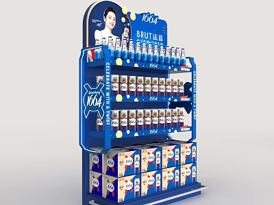 Kia Product Display Stand With Bottles And Boxes Arranged On Shelves 3d model