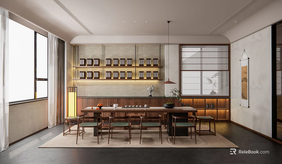 Traditional Tea Room Interior With Wooden Furniture Bookshelves Warm Lighting Wall Art And Tea Sets 3d model 