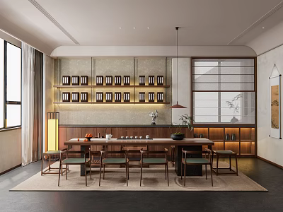 Traditional Tea Room Interior With Wooden Furniture Bookshelves Warm Lighting Wall Art And Tea Sets 3d model