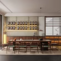Traditional Tea Room Interior With Wooden Furniture Bookshelves Warm Lighting Wall Art And Tea Sets