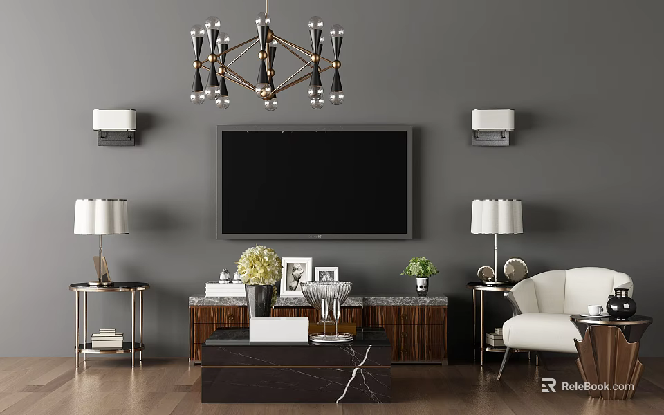 Modern TV Stand With Large Screen TV Chandelier Wall Lamps And Decorative Plants 3d model 