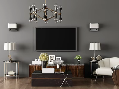 Modern TV Stand With Large Screen TV Chandelier Wall Lamps And Decorative Plants 3d model