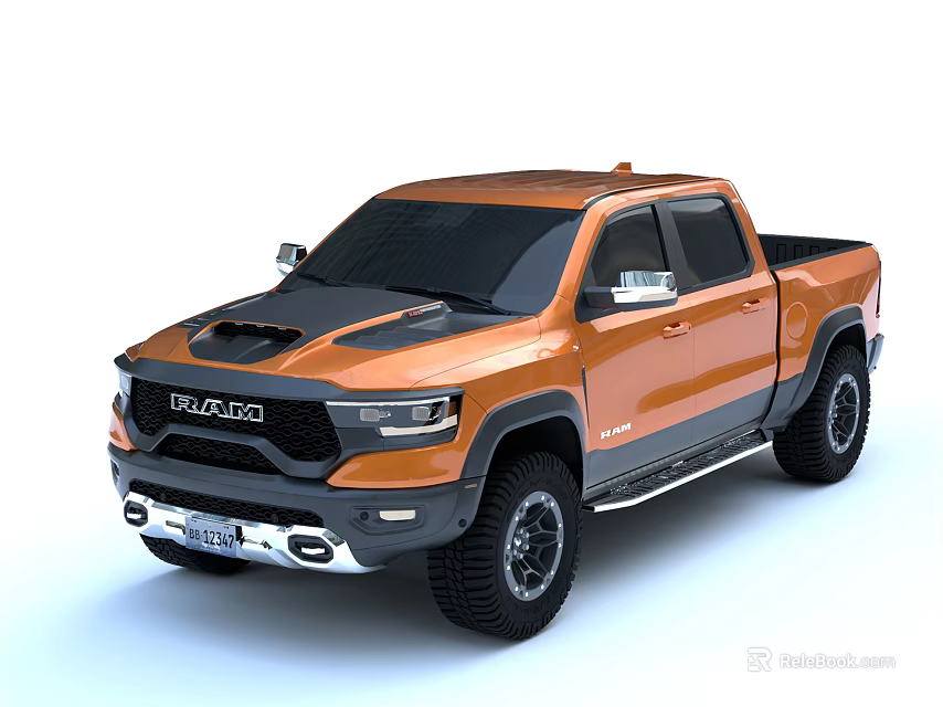 Orange Dodge RAM Pickup Truck With Black Hood Side Steps And Large Off-Road Tires 3d model 
