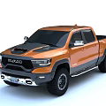 Orange Dodge RAM Pickup Truck With Black Hood Side Steps And Large Off-Road Tires