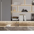 Modern Grey Bookcase With Cabinet Doors Open Shelves LED Lighting Decorations Books On Marble Countertop