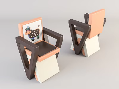 Modern Geometric Leisure Chair In Peach Black White With Cartoon Pattern On Backrest 3d model