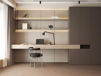 Modern Home Office Desk Interior With Shelves Lighting Books And Decorative Chair 3d model
