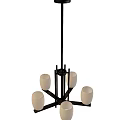 Tech Exhibition Hall Interior Featuring Modern Black Metal Pendant Light With White Glass Shades