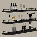 Black Metal Storage Shelves with Wine Bottles Wine Glasses and Decorative Items