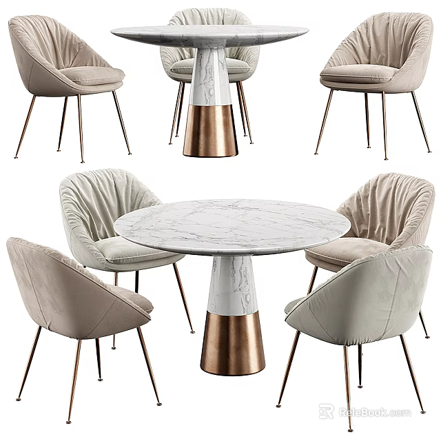 Modern Round Marble Top Dining Table Set With Brass Base And Beige Upholstered Chairs 3d model 