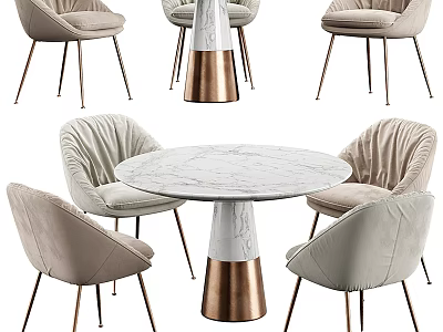 Modern Round Marble Top Dining Table Set With Brass Base And Beige Upholstered Chairs 3d model