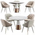 Modern Round Marble Top Dining Table Set With Brass Base And Beige Upholstered Chairs