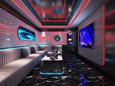 Modern KTV Interior Design With Comfortable Sofa Large Screen And Neon Lighting 3d model