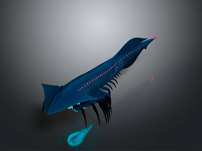 Deep Blue Sci-Fi Creature With Pink Bioluminescent Stripes Shark-like Form And Glowing Blue Appendage 3d model