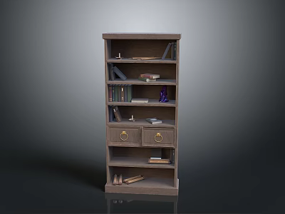 Dark Wooden Bookcase With Multiple Storage Shelves Drawers And Decorative Books Items 3d model
