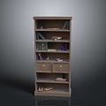Dark Wooden Bookcase With Multiple Storage Shelves Drawers And Decorative Books Items