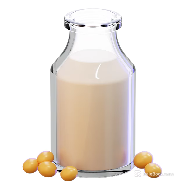 Creamy Soy Milk In Transparent Glass Bottle With Fresh Soybeans Around 3d model 