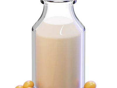Creamy Soy Milk In Transparent Glass Bottle With Fresh Soybeans Around 3d model