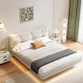 White Upholstered Double Bed with White Brown Pillows Nightstand and Green Curtains