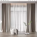 Elegant Layered Curtains Sheer Panels White Paneled Walls Wooden Floor Small Stool and Green Plant