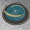 Golden Circular Sculpture In Urban Plaza With Modern Buildings And Pedestrians