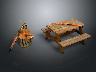 Rustic Outdoor Picnic Scene With Wooden Table Benches And Fire Pit 3d model