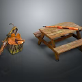 Rustic Outdoor Picnic Scene With Wooden Table Benches And Fire Pit