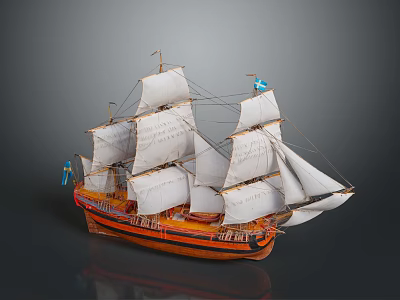 Vintage Sailing Ship Model with White Sails Orange Hull and Blue Flags 3d model