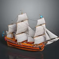 Vintage Sailing Ship Model with White Sails Orange Hull and Blue Flags 3d model