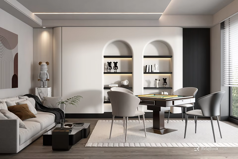 Hotel Mahjong Room With Modern Sofa Comfortable Chairs And Decorative Bookshelves 3d model 