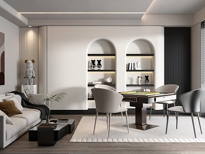 Hotel Mahjong Room With Modern Sofa Comfortable Chairs And Decorative Bookshelves 3d model