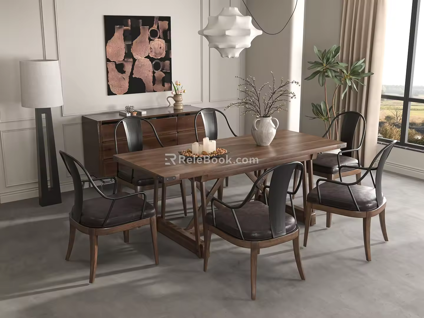 Dining Table and Chair Combination Restaurant Sideboard Chandelier 3d model