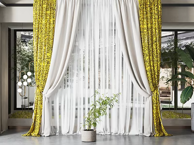 Yellow And White Sheer Curtains With Double Layer Design And Indoor Plant Window Decor 3d model