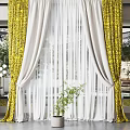 Yellow And White Sheer Curtains With Double Layer Design And Indoor Plant Window Decor