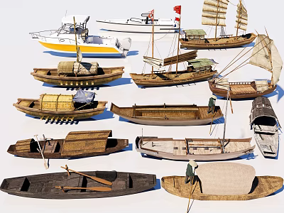 Various Traditional Wooden Boats With Classic Sails Oars And Vintage Designs 3d model
