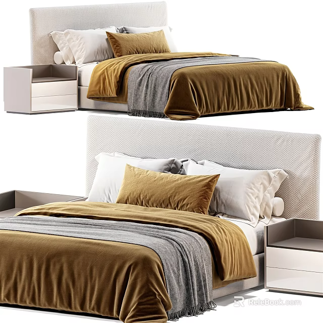 Cozy Double Bed With Golden Gray Blankets Soft Pillows And Modern Bedside Table 3d model 
