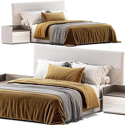 Cozy Double Bed With Golden Gray Blankets Soft Pillows And Modern Bedside Table 3d model