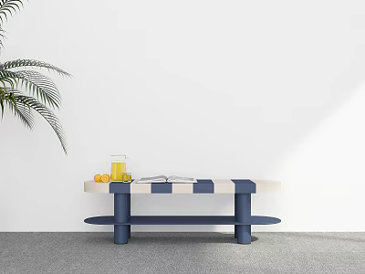 Modern Living Room Scene With Blue White Table Orange Juice Magazine And Green Plant 3d model