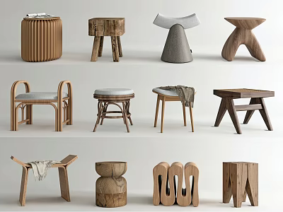 Various Unique Modern Wooden Stools With Different Creative Designs And Shapes Collection 3d model