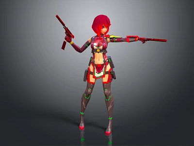 Red Haired Female Character Posing With Two Guns In Mechanical Sci Fi Outfit 3d model