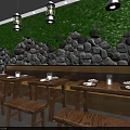 Rustic Restaurant Interior Featuring Wooden Tables Benches Brick Stone Walls And Hanging Lanterns