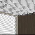 Modern White Geometric Ceiling Drapery Design With Wooden Wall And Window Blinds