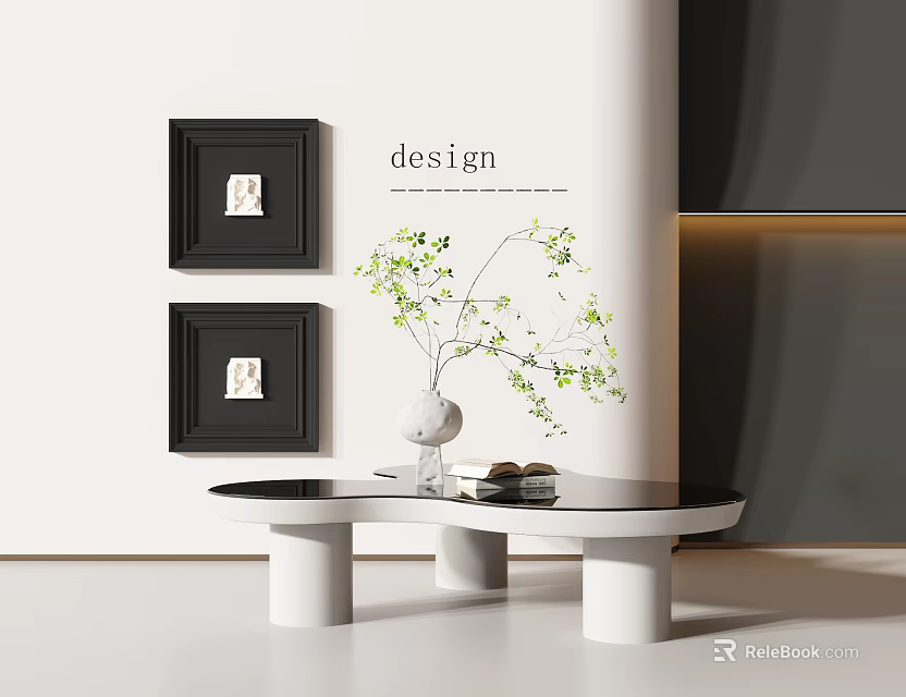 Modern White Coffee Table with Three Cylindrical Legs Decorated by White Vase and Green Branches 3d model 